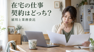在宅の仕事、契約はどっち？ 雇用と業務委託の書類を見比べる女性のイメージ