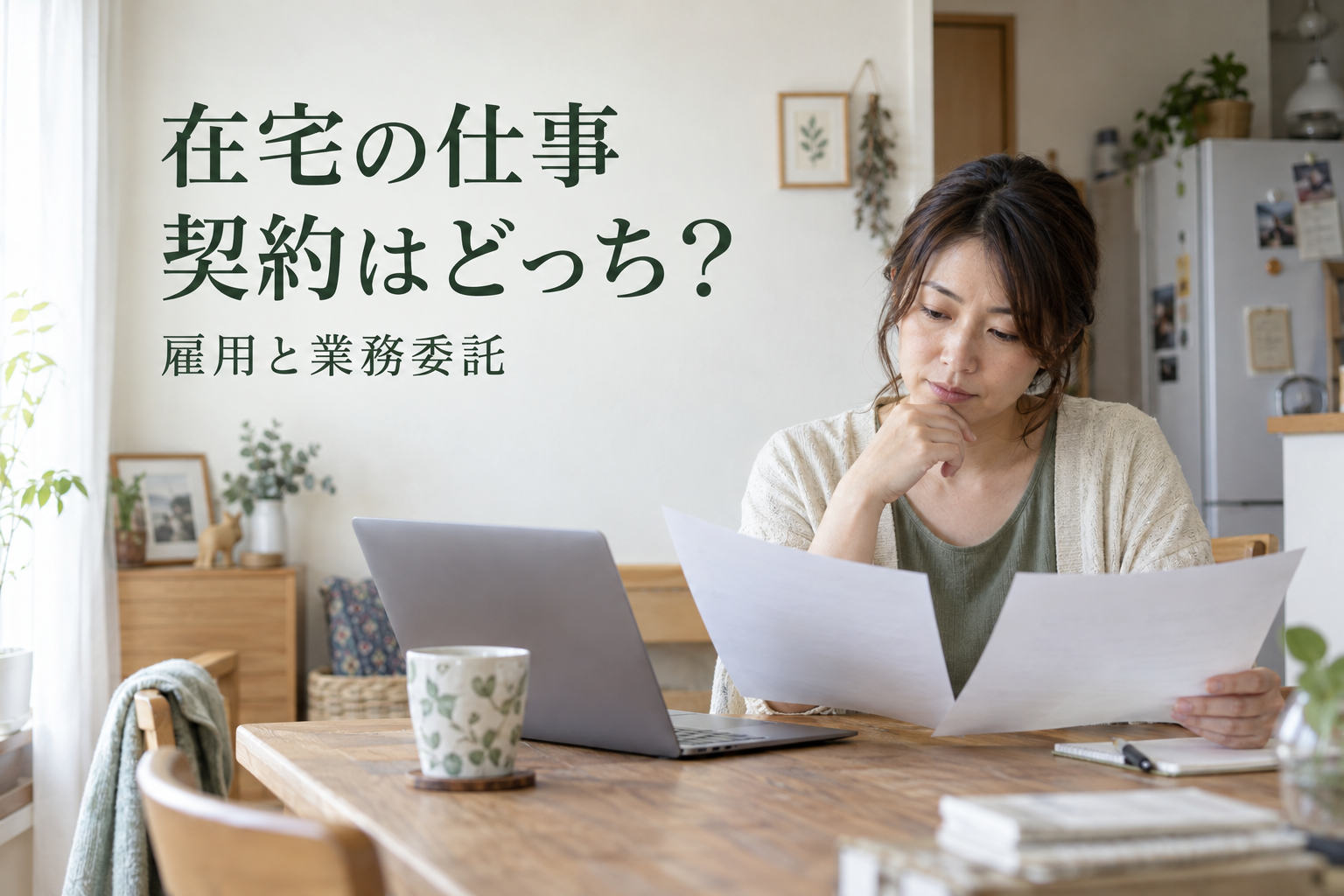 在宅の仕事、契約はどっち？ 雇用と業務委託の書類を見比べる女性のイメージ
